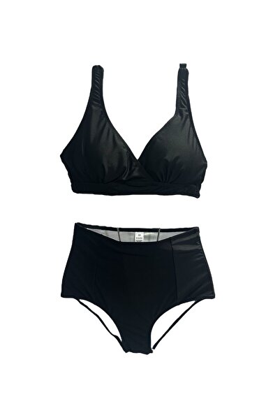 TooHot Women's Plain Black High Waist Triangle Strap Bikini Set