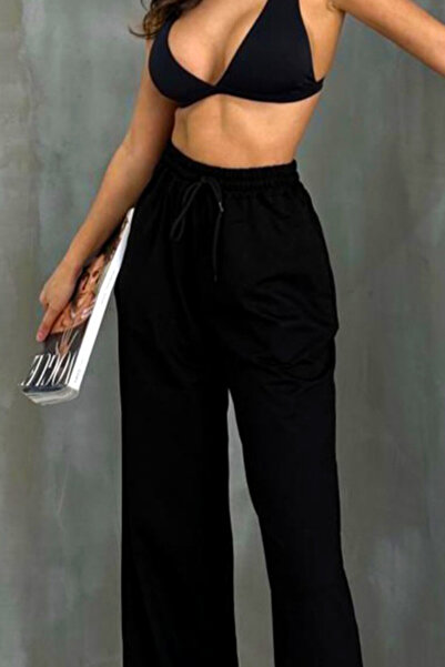 FashionForYou Pantaloni casual HIKE, croiala wide leg si snur in talie, Negru