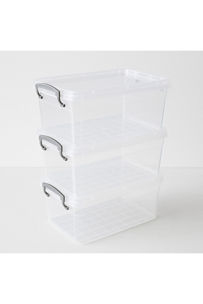 Kitchen Line Set of 3 Transparent Plastic Storage Boxes – Locking Lid, Food and Item Organizing Box 10 Liter