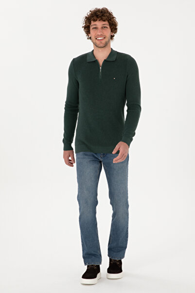 U.S. Polo Assn. Erkek Regular Fit Fermuarlı Koyu Yeşil Basic Kazak 50313685-VR079