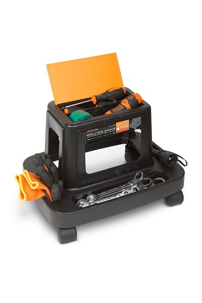 SOHO Scaun de lucru multifuncțional 360 cu roți și spațiu de depozitare pentru scule, sarcină maximă 150 kg, negru/portocaliu
