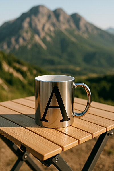 çokaş A Harfli Yazı Baskılı Gümüş Renk Büyük Boy Kupa Bardak