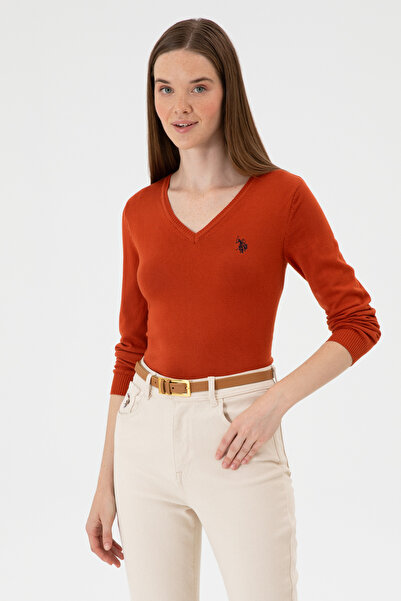 U.S. Polo Assn. Kadın Kiremit V Yaka Basic Kazak 50313590-VR031