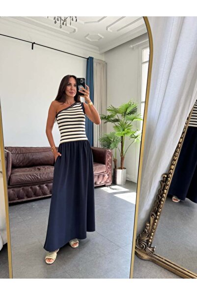 BOLESA GİYİM Lacivert Tek Omuz Sim Trikolu Elbise