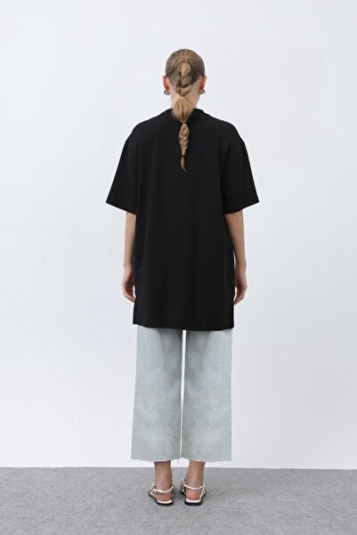 Puane Long Loose Cut Straight Short Sleeve Black T-Shirt 40009