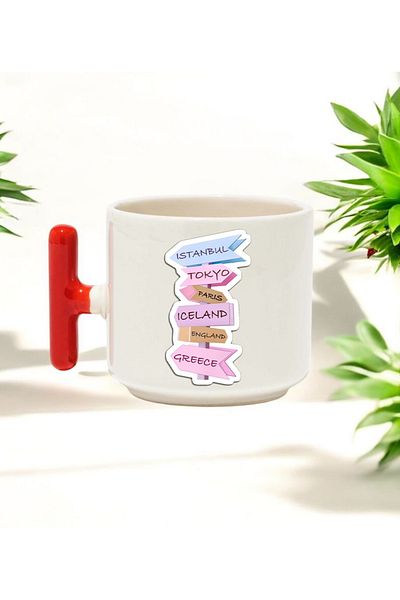 BB TRADE Map Designed Red t Handle Ceramic Printed Mug Cup 250 ml