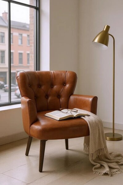 WATERYBROOK Tekli Koltuk, Berjer, Balkon, Bahçe, Ofis Çay Seti, Deri Kumaş, Ceviz Ayak