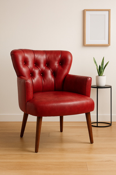 WATERYBROOK Tekli Koltuk, Berjer, Balkon, Bahçe, Ofis Çay Seti, Deri Kumaş, Ceviz Ayak