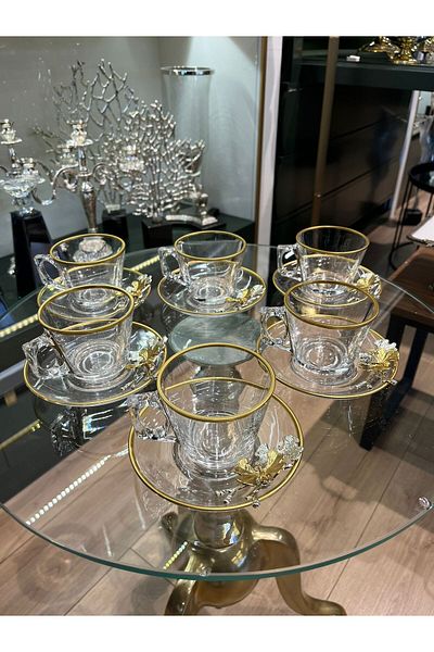 P&ORA PREMIUM KITCHEN PRODUCTS P&Ora Gold Detailed Butterfly 6 Persons 12 Pieces Tea Cup Coffee Cup