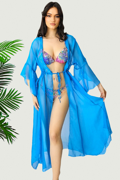 FashionForYou Ζακέτα θαλάσσης Uana, με καμπάνα μανίκια και κορδόνι στη μέση, μπλε