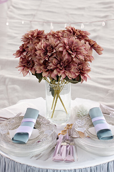 Yapay Çiçek Deposu باقة زهور صناعية مكونة من 7 داليا مقاس 33 سم بني