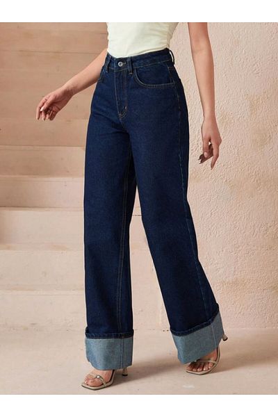 Noxter Women's Navy Blue Layered Leg Denim Trousers