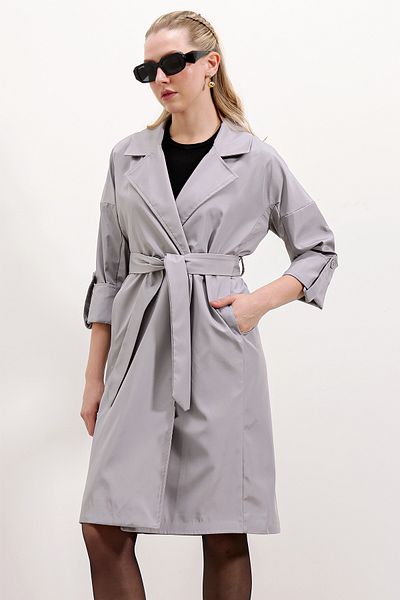 Merterium Women's Double Breasted Collar Lined Trench Coat Gray 1037