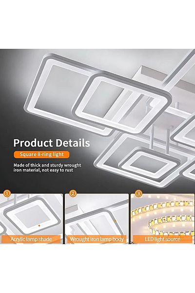 KORMAN TECHNIK LED Chandelier with Remote Control ELLA 203W, 8 Squares, Cold/Warm/Neutral Light, Dimmable, White