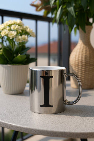 çokaş İ Harfli Yazı Baskılı Gümüş Renk Büyük Boy Kupa Bardak