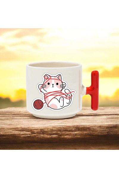 BB TRADE Red T-Handled Ceramic Printed Mug with Threaded Cat Design 250 ml
