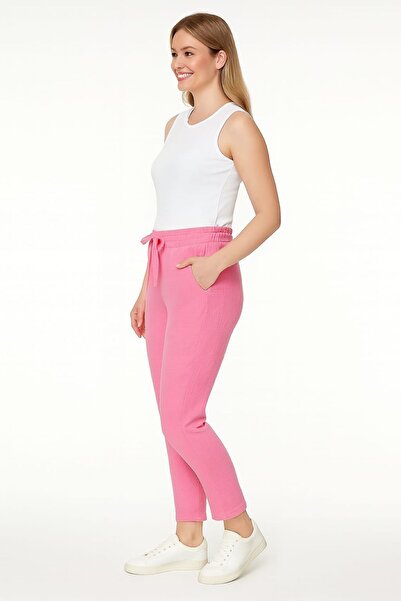 enmodaiçgiyim Pink Color 100% Cotton Muslin Fabric Women's Trousers – Narrow Leg, Pockets, Comfortable Fit Casual Trousers