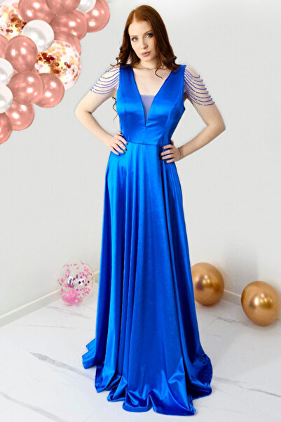 FashionForYou Leontina occasion dress, with satin texture and handcrafted crystals, Blue