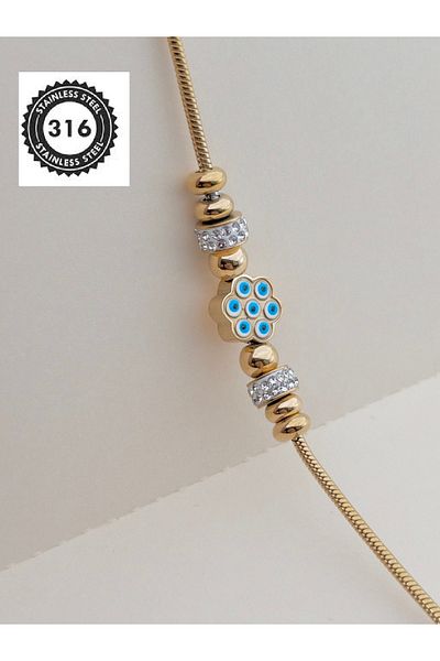 Siya Silver Zircon Stone Evil Eye Beaded Flower Design Steel Bracelet - 316L Steel