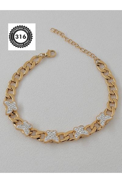 Siya Silver Zircon Stone Butterfly Design Gourmet Chain Steel Bracelet - 316L Steel