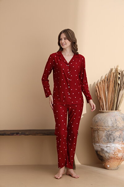 ELİTOL Heart Pattern Suede Knitted Long Sleeve Women's Buttoned Pajama Set