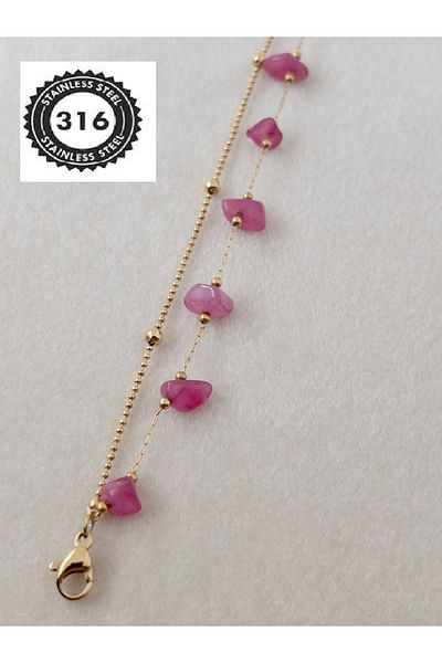 Siya Silver Double Chain Steel Bracelet with Broken Natural Stone Pink Quartz - 316L Steel
