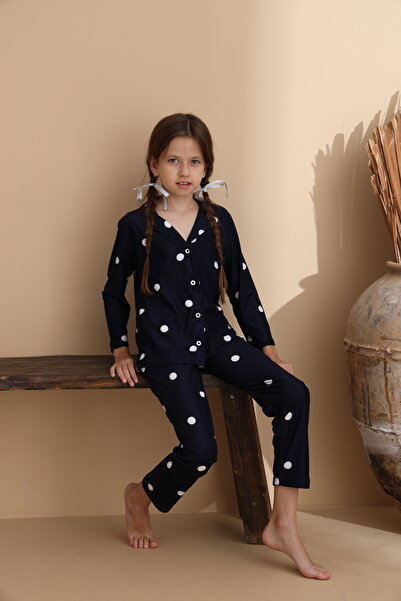 ELİTOL Dot Pattern Suede Knitted Long Sleeve Children's Buttoned Pajama Set