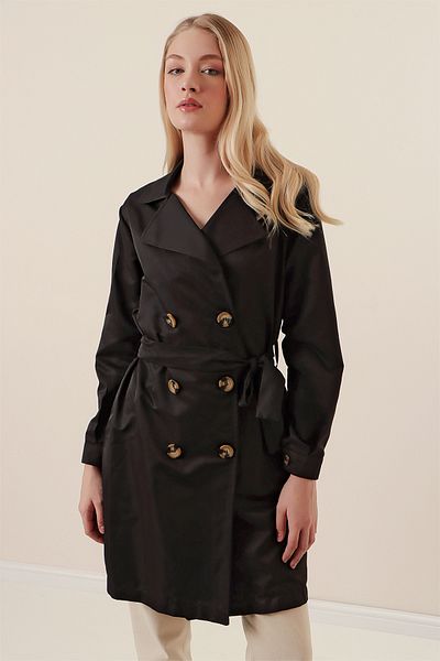 Merterium Women's Double Breasted Collar Short Trench Coat Black 1193