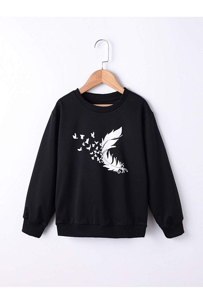 aynewmoda Girl's sweatshirt with feather and bird pattern shoulder strap