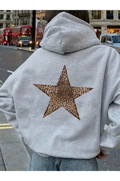 FUFLUNS Oversize Unisex Hooded Sweatshirt with Leopard Star Print