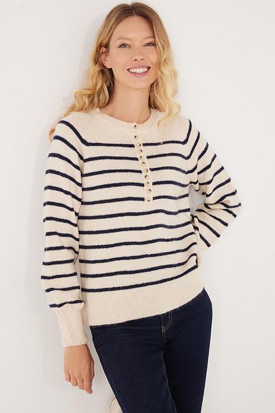 Tudors Women's Regular Fit Classic Cut Button Collar Navy Blue Striped Sweater