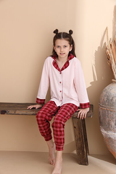 ELİTOL Toz Pembe Ekose Desen Pamuklu Örme Uzun Kol Kadın Düğmeli Pijama Takımı