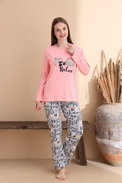 ELİTOL Koyu Somon Kuzu Desen Pamuklu Örme Uzun Kol Çocuk Pijama Takımı