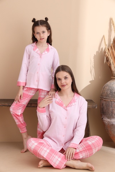 ELİTOL Powder Pink Plaid Pattern Cotton Knitted Long Sleeve Children's Button Pajamas Set