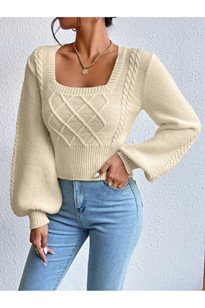 SAYZEN guler tip sandală mâneci balon tricotat pulover