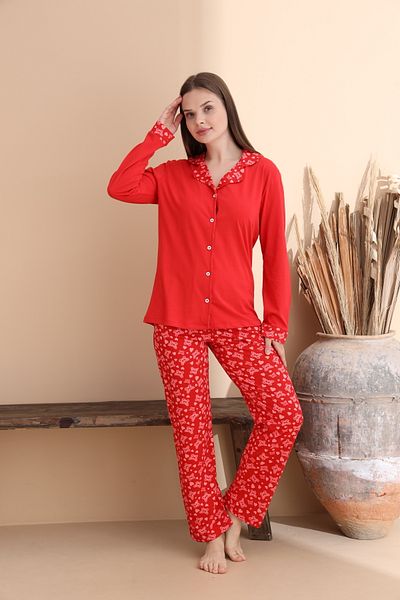 ELİTOL Pomegranate Flower Butterfly Pattern Cotton Knitted Long Sleeve Women's Button Pajamas Set