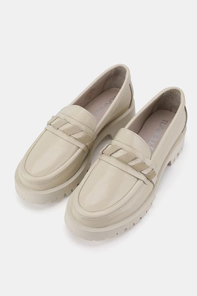TUNAELLİ Women's Beige Patent Leather Genuine Natural Leather Number 36-41 Loafer Shoes