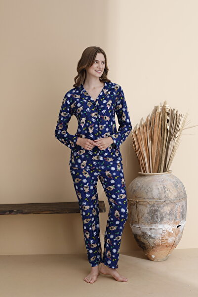 ELİTOL Mixed Pattern Suede Knitted Long Sleeve Mother-Daughter Buttoned Pajama Set