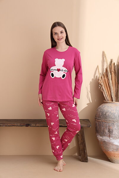 ELİTOL Fuşya Kalp Desen Pamuklu Örme Uzun Kol Kadın Pijama Takımı