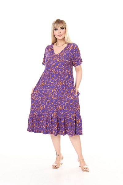 mami butik Large Size V-Neck Short Sleeve Robe Skirt Gathered Madi Size Viscose Combed Cotton Stylish Comfortable Dress