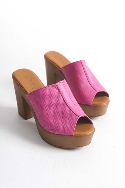 ERNİLA Sandy Fuchsia Genuine Leather Heeled Women's Slippers