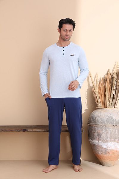 ELİTOL Blue Melange Button Long Sleeve Men's Pajama Set