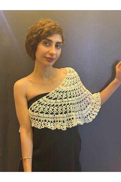 Gönülden Tasarım Lace Hand Knitted Multi-Purpose Shal, Bolero, Bustier with Butterfly Brooch