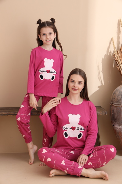 ELİTOL Set de pijamale pentru femei, tricotat din bumbac, cu model de inimă fucsia