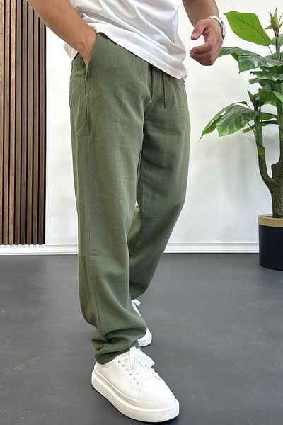 Edwox Men's Comfortable Fit Linen Look Cotton Elastic Waist Trousers Green Edw404