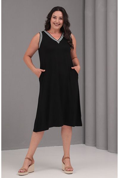 Şans Women's Plus Size Black, Rib Stripe Detail, V-Neck Sleeveless Pocket Dress 65N39085