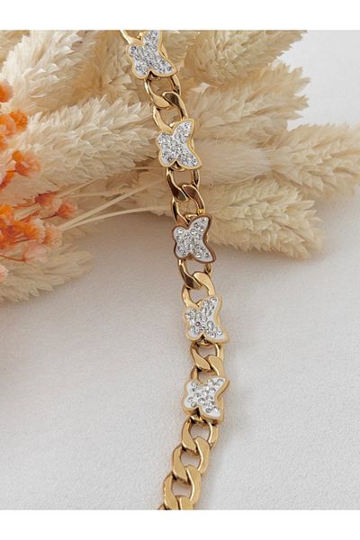 Siya Silver Zircon Stone Butterfly Design Gourmet Chain Steel Bracelet - 316L Steel