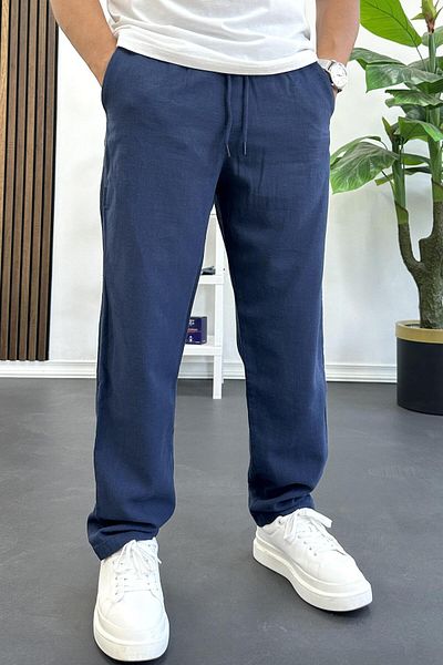Edwox Men's Comfortable Fit Linen Look Cotton Elastic Waist Trousers Navy Blue Edw404