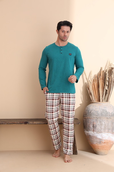 ELİTOL Petrol Plaid Pattern Button Long Sleeve Men's Pajama Set