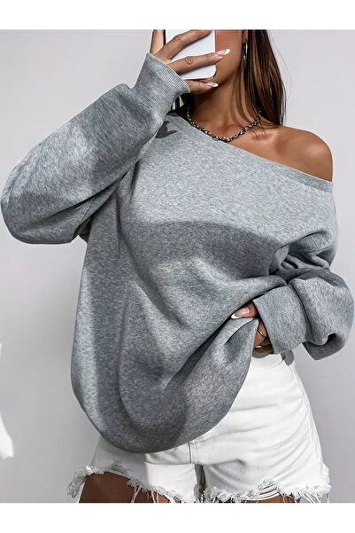 Agolady Γυναικείο φούτερ με γιακά Madonna σε γκρι χρώμα oversized